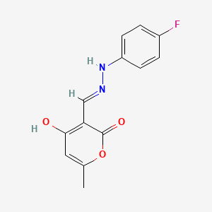 molecular formula C13H11FN2O3 B2409655 4-ヒドロキシ-6-メチル-2-オキソ-2H-ピラン-3-カルバルデヒド N-(4-フルオロフェニル)ヒドラゾン CAS No. 866043-32-5