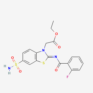 molecular formula C18H16FN3O5S2 B2409678 (Z)-ethyl 2-(2-((2-fluorobenzoyl)imino)-6-sulfamoylbenzo[d]thiazol-3(2H)-yl)acetate CAS No. 865248-16-4