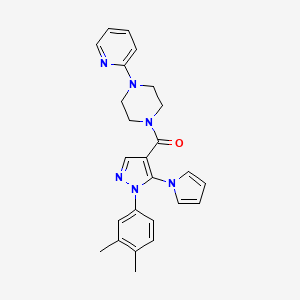 molecular formula C25H26N6O B2409743 (1-(3,4-dimethylphenyl)-5-(1H-pyrrol-1-yl)-1H-pyrazol-4-yl)(4-(pyridin-2-yl)piperazin-1-yl)methanone CAS No. 1448035-17-3