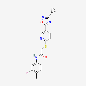 molecular formula C19H17FN4O2S B2409796 2-((5-(3-cyclopropyl-1,2,4-oxadiazol-5-yl)pyridin-2-yl)thio)-N-(3-fluoro-4-methylphenyl)acetamide CAS No. 1251548-08-9