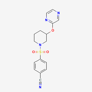 molecular formula C16H16N4O3S B2409822 4-((3-(Pyrazin-2-yloxy)piperidin-1-yl)sulfonyl)benzonitrile CAS No. 2034475-13-1