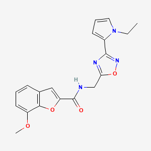 molecular formula C19H18N4O4 B2409823 N-((3-(1-ethyl-1H-pyrrol-2-yl)-1,2,4-oxadiazol-5-yl)methyl)-7-methoxybenzofuran-2-carboxamide CAS No. 2034550-40-6