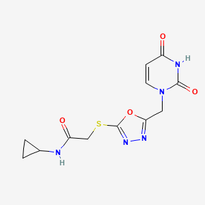 molecular formula C12H13N5O4S B2409857 N-cyclopropyl-2-((5-((2,4-dioxo-3,4-dihydropyrimidin-1(2H)-yl)methyl)-1,3,4-oxadiazol-2-yl)thio)acetamide CAS No. 1091392-51-6