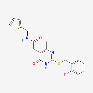 molecular formula C19H18FN3O2S2 B2409860 2-(2-((2-fluorobenzyl)thio)-4-methyl-6-oxo-1,6-dihydropyrimidin-5-yl)-N-(thiophen-2-ylmethyl)acetamide CAS No. 1105200-76-7