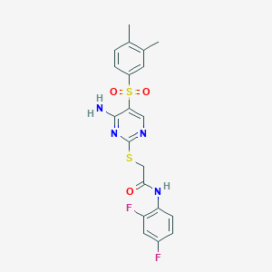 molecular formula C20H18F2N4O3S2 B2409970 2-((4-amino-5-((3,4-dimethylphenyl)sulfonyl)pyrimidin-2-yl)thio)-N-(2,4-difluorophenyl)acetamide CAS No. 894951-18-9