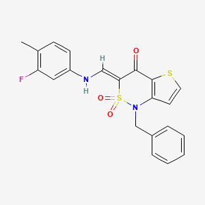 molecular formula C21H17FN2O3S2 B2409984 (Z)-1-benzyl-3-(((3-fluoro-4-methylphenyl)amino)methylene)-1H-thieno[3,2-c][1,2]thiazin-4(3H)-one 2,2-dioxide CAS No. 894670-26-9