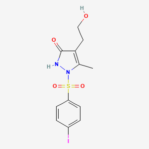 molecular formula C12H13IN2O4S B2409993 4-(2-羟乙基)-1-[(4-碘苯基)磺酰基]-5-甲基-1,2-二氢-3H-吡唑-3-酮 CAS No. 860611-73-0