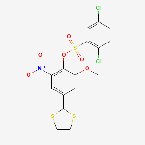 molecular formula C16H13Cl2NO6S3 B2410012 4-(1,3-二硫杂环戊烷-2-基)-2-甲氧基-6-硝基苯基 2,5-二氯苯磺酸酯 CAS No. 298216-06-5