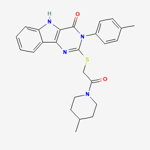 molecular formula C25H26N4O2S B2410042 3-(4-methylphenyl)-2-[2-(4-methylpiperidin-1-yl)-2-oxoethyl]sulfanyl-5H-pyrimido[5,4-b]indol-4-one CAS No. 536704-39-9