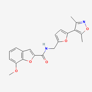 molecular formula C20H18N2O5 B2410074 N-[[5-(3,5-Dimethyl-1,2-oxazol-4-yl)furan-2-yl]methyl]-7-methoxy-1-benzofuran-2-carboxamide CAS No. 2415523-81-6