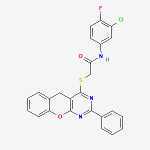 molecular formula C25H17ClFN3O2S B2410080 N-(3-chloro-4-fluorophenyl)-2-((2-phenyl-5H-chromeno[2,3-d]pyrimidin-4-yl)thio)acetamide CAS No. 872208-72-5
