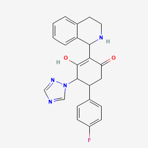 molecular formula C23H21FN4O2 B2410104 5-(4-fluorophenyl)-3-hydroxy-2-(1,2,3,4-tetrahydro-1-isoquinolinyl)-4-(1H-1,2,4-triazol-1-yl)-2-cyclohexen-1-one CAS No. 1005106-96-6
