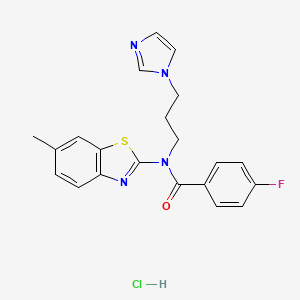 molecular formula C21H20ClFN4OS B2410239 N-(3-(1H-imidazol-1-yl)propyl)-4-fluoro-N-(6-methylbenzo[d]thiazol-2-yl)benzamide hydrochloride CAS No. 1216838-72-0