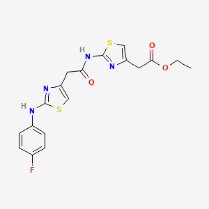molecular formula C18H17FN4O3S2 B2410259 Ethyl 2-(2-(2-(2-((4-fluorophenyl)amino)thiazol-4-yl)acetamido)thiazol-4-yl)acetate CAS No. 1105227-02-8