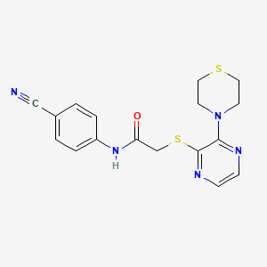 molecular formula C17H17N5OS2 B2410318 N-(4-氰基苯基)-2-((3-硫代吗啉并吡嗪-2-基)硫代)乙酰胺 CAS No. 1226429-75-9
