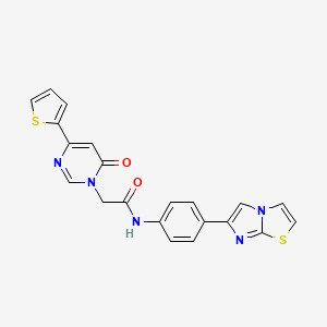 molecular formula C21H15N5O2S2 B2410370 N-(4-(imidazo[2,1-b]thiazol-6-yl)phenyl)-2-(6-oxo-4-(thiophen-2-yl)pyrimidin-1(6H)-yl)acetamide CAS No. 1251706-43-0