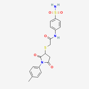 molecular formula C19H19N3O5S2 B2410376 2-[1-(4-methylphenyl)-2,5-dioxopyrrolidin-3-yl]sulfanyl-N-(4-sulfamoylphenyl)acetamide CAS No. 831177-22-1