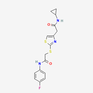 molecular formula C16H16FN3O2S2 B2410478 N-cyclopropyl-2-(2-((2-((4-fluorophenyl)amino)-2-oxoethyl)thio)thiazol-4-yl)acetamide CAS No. 941921-83-1