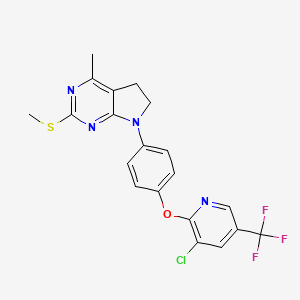 molecular formula C20H16ClF3N4OS B2410494 7-(4-{[3-chloro-5-(trifluoromethyl)-2-pyridinyl]oxy}phenyl)-4-methyl-2-(methylsulfanyl)-6,7-dihydro-5H-pyrrolo[2,3-d]pyrimidine CAS No. 338416-24-3