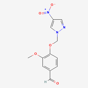 molecular formula C12H11N3O5 B2410496 3-Methoxy-4-((4-nitro-1H-pyrazol-1-yl)methoxy)benzaldehyde CAS No. 1005634-50-3