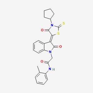 molecular formula C25H23N3O3S2 B2410555 2-[(3Z)-3-(3-cyclopentyl-4-oxo-2-thioxo-1,3-thiazolidin-5-ylidene)-2-oxo-2,3-dihydro-1H-indol-1-yl]-N-(2-methylphenyl)acetamide CAS No. 618079-86-0