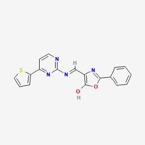 molecular formula C18H12N4O2S B2410600 2-phenyl-4-((E)-{[4-(2-thienyl)-2-pyrimidinyl]amino}methylidene)-1,3-oxazol-5(4H)-one CAS No. 865660-34-0