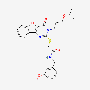 molecular formula C26H29N3O5S B2410623 N-(3-methoxybenzyl)-2-({4-oxo-3-[3-(propan-2-yloxy)propyl]-3,4-dihydro[1]benzofuro[3,2-d]pyrimidin-2-yl}sulfanyl)acetamide CAS No. 899742-17-7