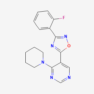 molecular formula C17H16FN5O B2410656 3-(2-Fluorophenyl)-5-(4-(piperidin-1-yl)pyrimidin-5-yl)-1,2,4-oxadiazole CAS No. 2034340-94-6