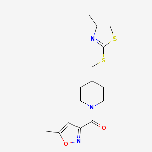 molecular formula C15H19N3O2S2 B2410683 (5-Methylisoxazol-3-yl)(4-(((4-methylthiazol-2-yl)thio)methyl)piperidin-1-yl)methanone CAS No. 1428356-34-6