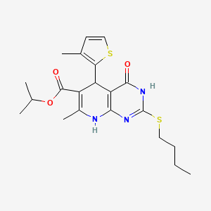 molecular formula C21H27N3O3S2 B2410817 Isopropyl 2-(butylthio)-7-methyl-5-(3-methyl-2-thienyl)-4-oxo-3,4,5,8-tetrahydropyrido[2,3-d]pyrimidine-6-carboxylate CAS No. 924026-36-8