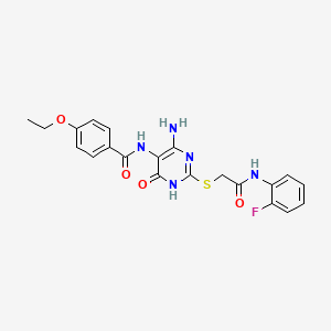 molecular formula C21H20FN5O4S B2410818 N-(4-amino-2-((2-((2-fluorophenyl)amino)-2-oxoethyl)thio)-6-oxo-1,6-dihydropyrimidin-5-yl)-4-ethoxybenzamide CAS No. 888417-37-6