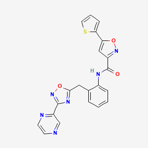 molecular formula C21H14N6O3S B2410870 N-(2-((3-(pyrazin-2-yl)-1,2,4-oxadiazol-5-yl)methyl)phenyl)-5-(thiophen-2-yl)isoxazole-3-carboxamide CAS No. 2034584-99-9