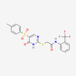 molecular formula C20H16F3N3O4S2 B2410879 2-((6-oxo-5-tosyl-1,6-dihydropyrimidin-2-yl)thio)-N-(2-(trifluoromethyl)phenyl)acetamide CAS No. 904577-43-1