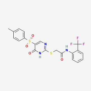 molecular formula C20H16F3N3O4S2 B2410879 2-((6-氧代-5-甲苯磺酰基-1,6-二氢嘧啶-2-基)硫代)-N-(2-(三氟甲基)苯基)乙酰胺 CAS No. 904577-43-1