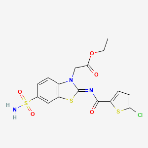 molecular formula C16H14ClN3O5S3 B2410904 Ethyl 2-[2-(5-chlorothiophene-2-carbonyl)imino-6-sulfamoyl-1,3-benzothiazol-3-yl]acetate CAS No. 887209-68-9