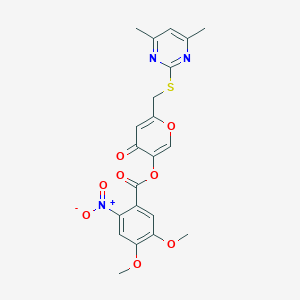 molecular formula C21H19N3O8S B2411086 6-(((4,6-二甲基嘧啶-2-基)硫基)甲基)-4-氧代-4H-吡喃-3-基 4,5-二甲氧基-2-硝基苯甲酸酯 CAS No. 877637-86-0