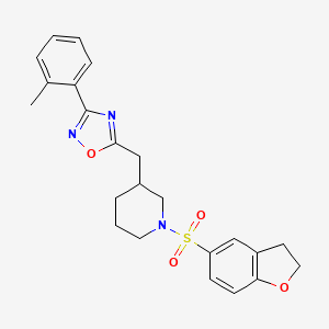 molecular formula C23H25N3O4S B2411090 5-((1-((2,3-Dihydrobenzofuran-5-yl)sulfonyl)piperidin-3-yl)methyl)-3-(o-tolyl)-1,2,4-oxadiazole CAS No. 1705996-30-0