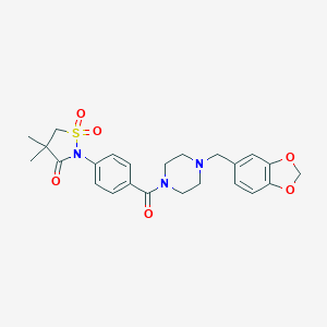 molecular formula C24H27N3O6S B241125 2-(4-{[4-(1,3-Benzodioxol-5-ylmethyl)-1-piperazinyl]carbonyl}phenyl)-4,4-dimethyl-3-isothiazolidinone 1,1-dioxide 