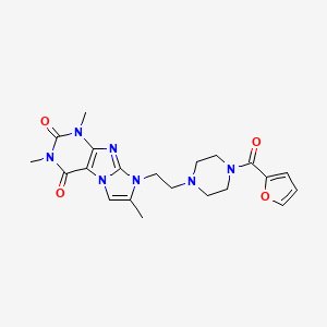 molecular formula C21H25N7O4 B2411278 8-{2-[4-(2-呋喃甲酰基)哌嗪基]乙基}-1,3,7-三甲基-1,3,5-三氢-4-咪唑并[1,2-h]嘌呤-2,4-二酮 CAS No. 923439-76-3