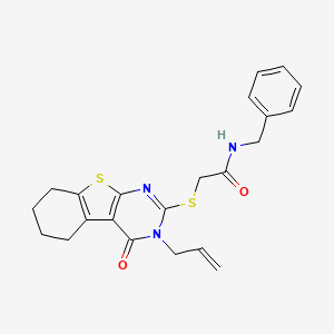 molecular formula C22H23N3O2S2 B2411333 N-benzyl-2-{[3-oxo-4-(prop-2-en-1-yl)-8-thia-4,6-diazatricyclo[7.4.0.0^{2,7}]trideca-1(9),2(7),5-trien-5-yl]sulfanyl}acetamide CAS No. 304685-80-1