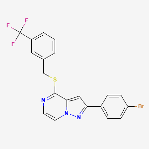 molecular formula C20H13BrF3N3S B2411340 2-(4-Bromophenyl)-4-{[3-(trifluoromethyl)benzyl]thio}pyrazolo[1,5-a]pyrazine CAS No. 1223930-33-3