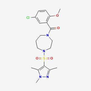 molecular formula C19H25ClN4O4S B2411371 (5-chloro-2-methoxyphenyl)(4-((1,3,5-trimethyl-1H-pyrazol-4-yl)sulfonyl)-1,4-diazepan-1-yl)methanone CAS No. 1903542-15-3