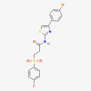 molecular formula C18H14BrFN2O3S2 B2411387 N-(4-(4-bromophenyl)thiazol-2-yl)-3-((4-fluorophenyl)sulfonyl)propanamide CAS No. 895472-12-5