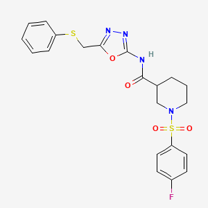 molecular formula C21H21FN4O4S2 B2411388 1-((4-氟苯基)磺酰基)-N-(5-((苯硫基)甲基)-1,3,4-恶二唑-2-基)哌啶-3-甲酰胺 CAS No. 952877-41-7