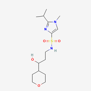 molecular formula C15H27N3O4S B2411412 N-(3-hydroxy-3-(tetrahydro-2H-pyran-4-yl)propyl)-2-isopropyl-1-methyl-1H-imidazole-4-sulfonamide CAS No. 2034396-95-5