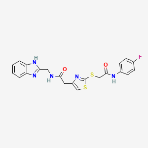 molecular formula C21H18FN5O2S2 B2411462 N-((1H-苯并[d]咪唑-2-基)甲基)-2-(2-((2-((4-氟苯基)氨基)-2-氧代乙基)硫代)噻唑-4-基)乙酰胺 CAS No. 1203304-16-8