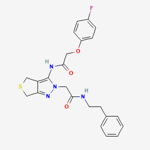molecular formula C23H23FN4O3S B2411496 2-(4-fluorophenoxy)-N-(2-(2-oxo-2-(phenethylamino)ethyl)-4,6-dihydro-2H-thieno[3,4-c]pyrazol-3-yl)acetamide CAS No. 1105250-91-6