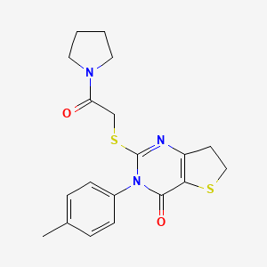 molecular formula C19H21N3O2S2 B2411500 3-(4-Methylphenyl)-2-(2-oxo-2-pyrrolidin-1-ylethyl)sulfanyl-6,7-dihydrothieno[3,2-d]pyrimidin-4-one CAS No. 686771-17-5