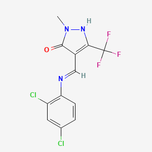 molecular formula C12H8Cl2F3N3O B2411564 4-[(2,4-dichloroanilino)methylene]-2-methyl-5-(trifluoromethyl)-2,4-dihydro-3H-pyrazol-3-one CAS No. 320425-13-6