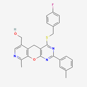 molecular formula C26H22FN3O2S B2411587 (7-{[(4-Fluorophenyl)methyl]sulfanyl}-14-methyl-5-(3-methylphenyl)-2-oxa-4,6,13-triazatricyclo[8.4.0.0^{3,8}]tetradeca-1(10),3(8),4,6,11,13-hexaen-11-yl)methanol CAS No. 892415-20-2